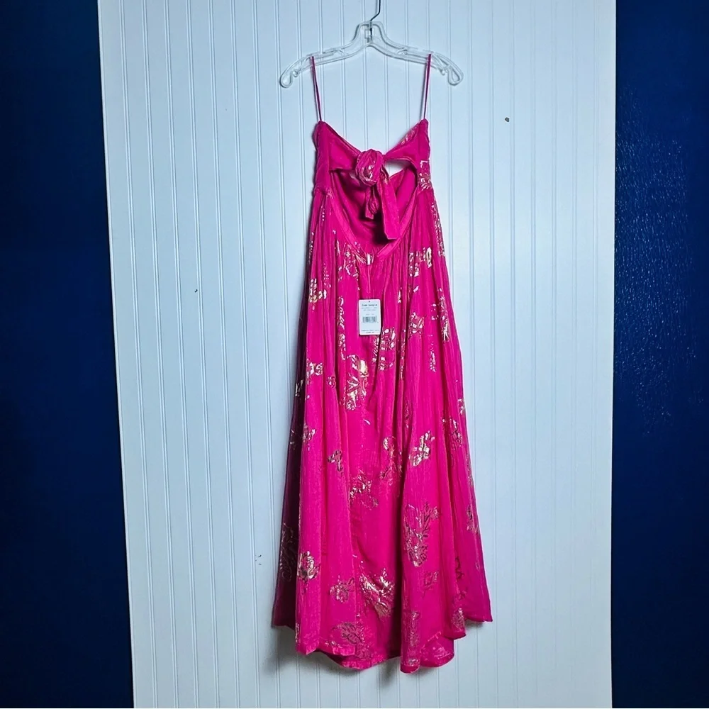 Free People Baja Babe Midi Dress Hot Pink Combo Metallic Gold XL Floral Cotton - Picture 9 of 14